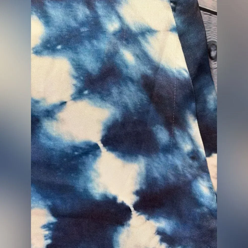 Zara Blue White Strappy V Neck Tie-Dye Satin Effect Boho Beachy Midi Dress M/L